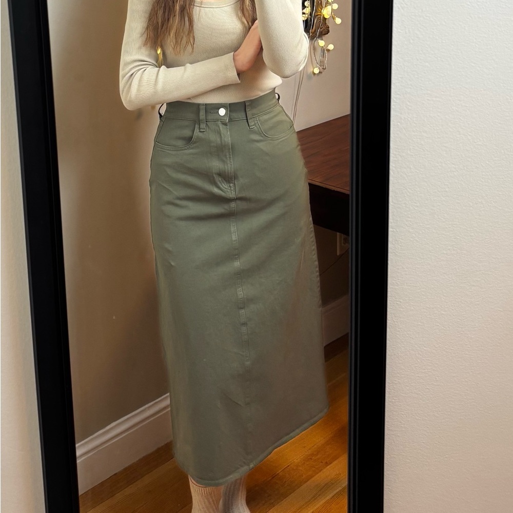 Muji olive Green Midi Skirt Chino A-line Cotton